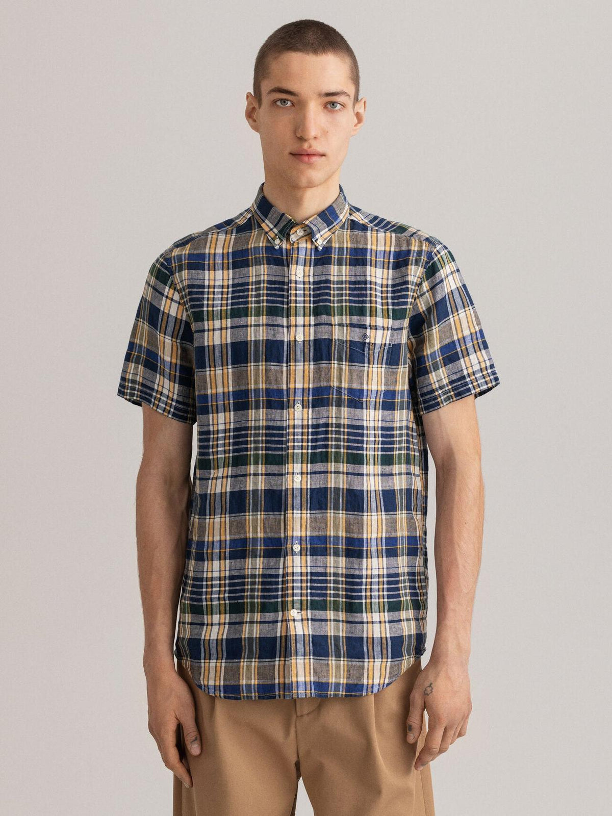 D2. REG LINEN MADRAS SS BD-Skjorter-Gant-Aandahls