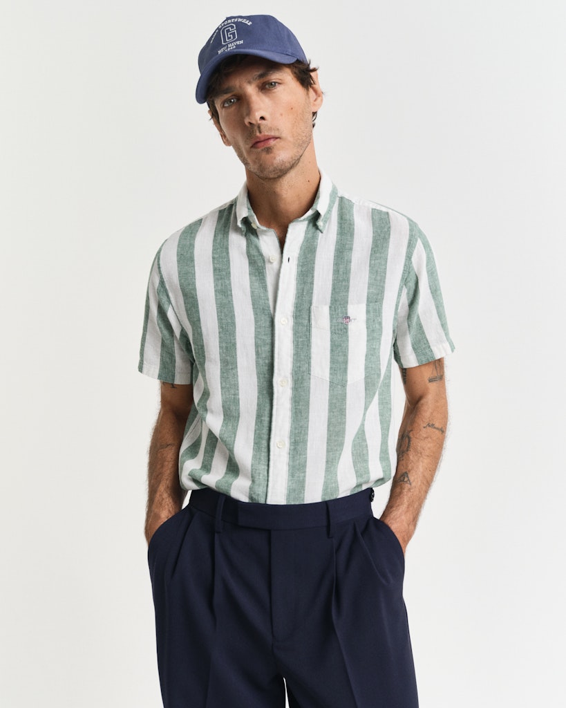 Reg cotton linen stripe short-sleeved shirt